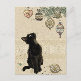 Vintage-kerstzwarte kat die naar siervoorwerpen ki briefkaart