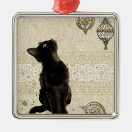 Vintage-kerstzwarte kat die naar siervoorwerpen ki metalen ornament