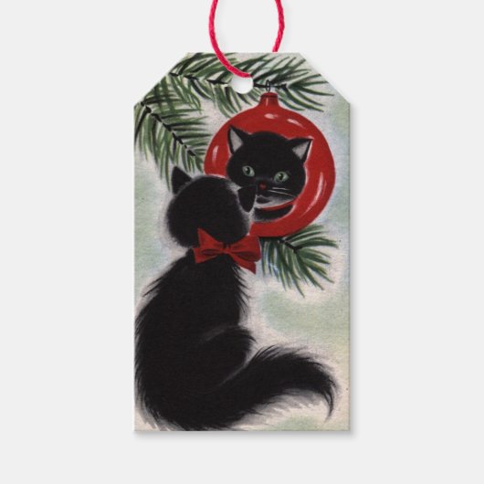 Vintage-kerstzwarte kat kijkt naar sierbeeld cadeaulabel (Voorkant)