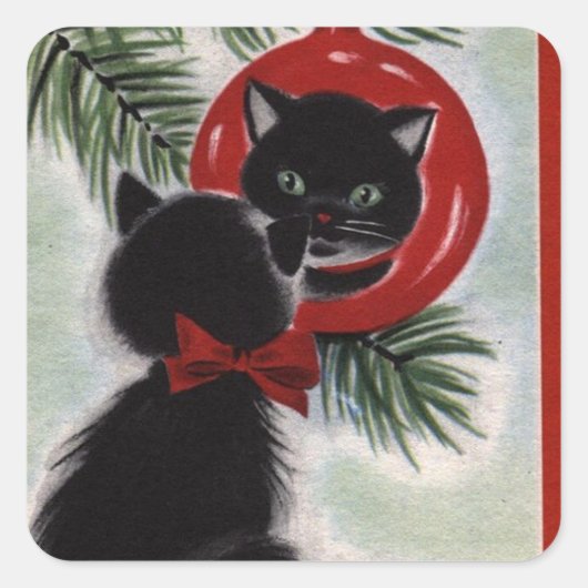 Vintage-kerstzwarte kat kijkt naar sierbeeld vierkante sticker (Voorkant)