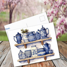 Vintage Keukenplank Blauw Witte Borden Thee Koffie