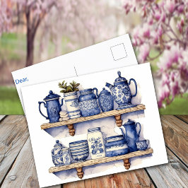 Vintage Keukenplank Blauw Witte Borden Thee Koffie Briefkaart