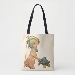 Vintage kind blond meisje dat praat op speelgoedte tote bag