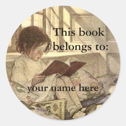Vintage kind leest een boek ex-libris ronde sticker (Voorkant)