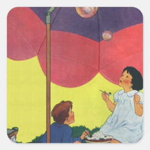 Vintage kinderen blazen bubbels onder een paraplu vierkante sticker