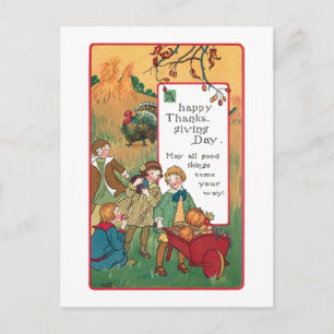 Vintage kinderen en Thanksgiving groet Feestdagenkaart