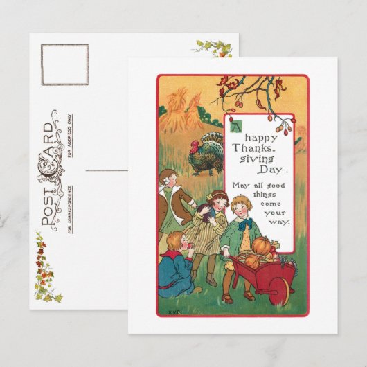 Vintage kinderen en Thanksgiving groet Feestdagenkaart (Voorkant / Achterkant)