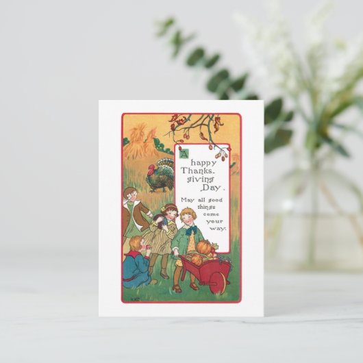Vintage kinderen en Thanksgiving groet Feestdagenkaart (Staand voorkant)