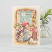 Vintage kinderen met Baby Jezus op kerst Feestdagenkaart (Staand voorkant)