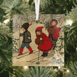 Vintage Kinderen Skiën Door een Besneeuwd Bos Glas Ornament