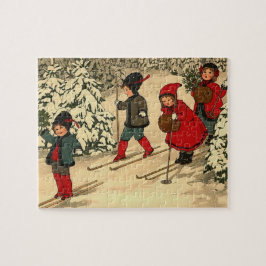 Vintage Kinderen Skiën Door een Besneeuwd Bos Legpuzzel