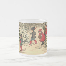Vintage Kinderen Skiën Door een Besneeuwd Bos Matglas Koffiemok