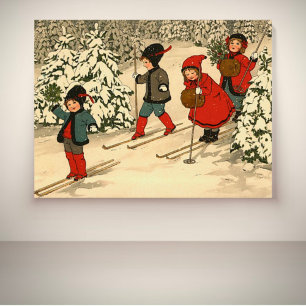 Vintage Kinderen Skiën Door een Besneeuwd Bos Poster