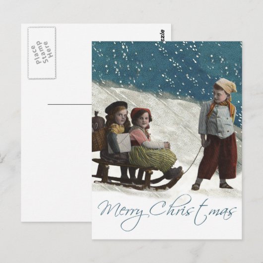 Vintage kinderen Sledding Kerstwinter Briefkaart (Voorkant / Achterkant)