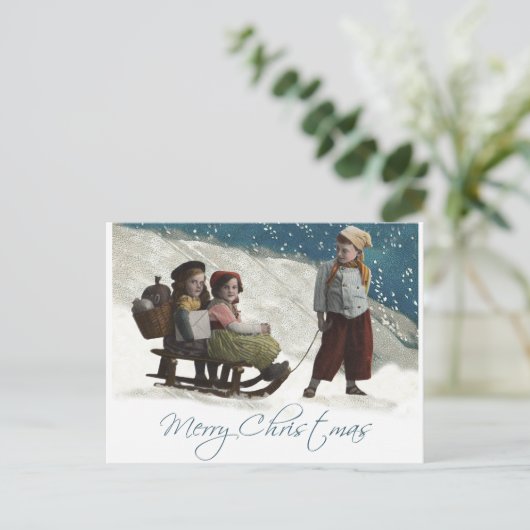 Vintage kinderen Sledding Kerstwinter Briefkaart (Staand voorkant)