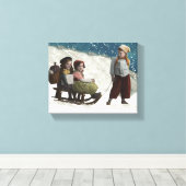 Vintage kinderen Sledding Kerstwinter Canvas Afdruk (Insitu (Houten vloer))