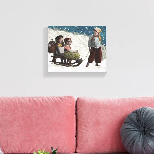 Vintage kinderen Sledding Kerstwinter Canvas Afdruk (Insitu (Woonkamer))