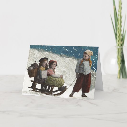 Vintage kinderen Sledding Kerstwinter Feestdagen Kaart (Voorkant)