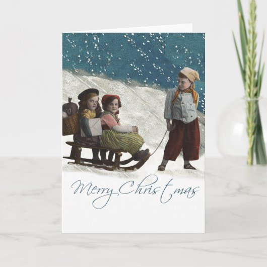 Vintage kinderen Sledding Kerstwinter Feestdagen Kaart (Voorkant)