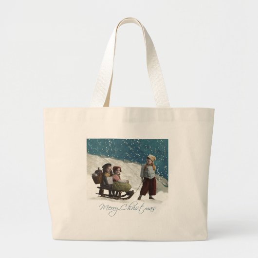 Vintage kinderen Sledding Kerstwinter Grote Tote Bag (Voorkant)