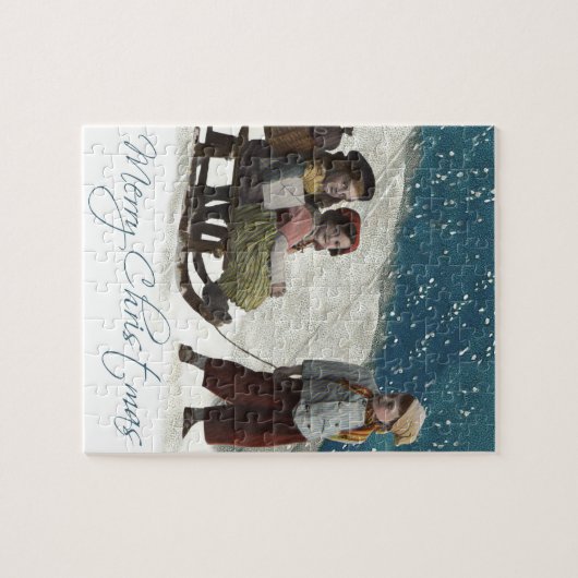 Vintage kinderen Sledding Kerstwinter Legpuzzel (Horizontaal)