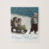 Vintage kinderen Sledding Kerstwinter Legpuzzel (Verticaal)