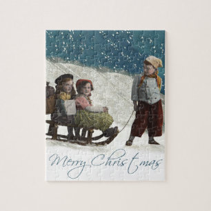 Vintage kinderen Sledding Kerstwinter Legpuzzel