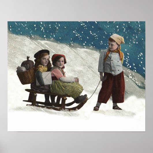 Vintage kinderen Sledding Kerstwinter Poster (Voorkant)