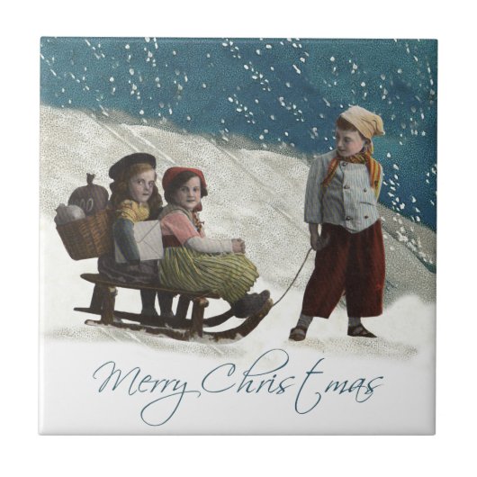 Vintage kinderen Sledding Kerstwinter Tegeltje (Voorkant)