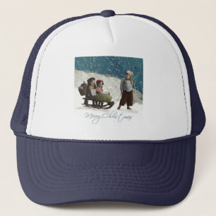 Vintage kinderen Sledding Kerstwinter Trucker Pet