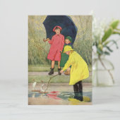 Vintage kinderen spelen in puddels "Een regenachti Kaart (Staand voorkant)