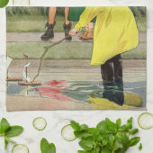 Vintage kinderen spelen in puddels "Een regenachti Theedoek (Gevouwen)