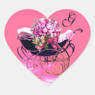 VINTAGE KINDERWAGEN , BLOEMEN BABYSHOWER HART MONO STICKER