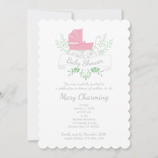 vintage kinderwagen meisje BABY SHOWER roze pruik Kaart (Voorkant)