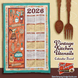 Vintage Kitchen Utensils Calendar Towel 2026 Theedoek