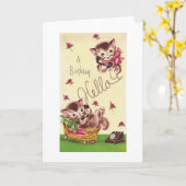 Vintage Kitten Birthday Wenskaart Kaart (Gele Bloem)