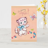 Vintage Kitten Birthday Wenskaart Kaart (Gele Bloem)
