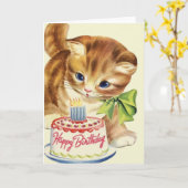 Vintage Kitten Birthday Wenskaart Kaart (Gele Bloem)