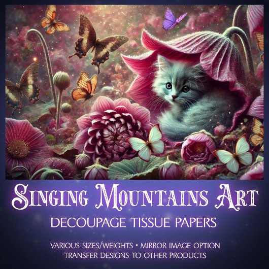 Vintage Kitten Butterfly Garden Decoupage  Tissuepapier