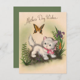 Vintage kitten & Butterfly Moedergewas Feestdagenkaart