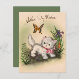 Vintage kitten & Butterfly Moedergewas Feestdagenkaart
