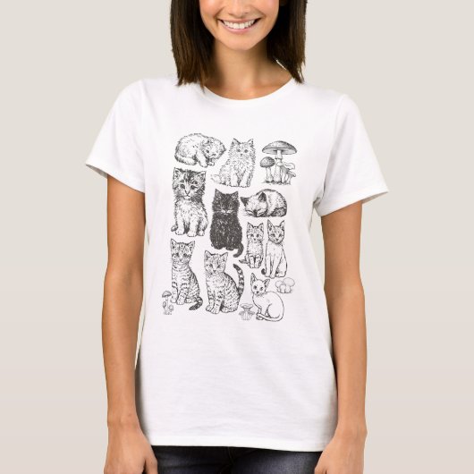 Vintage Kitten Line Art with Woodland Mushrooms T-shirt (Voorkant)