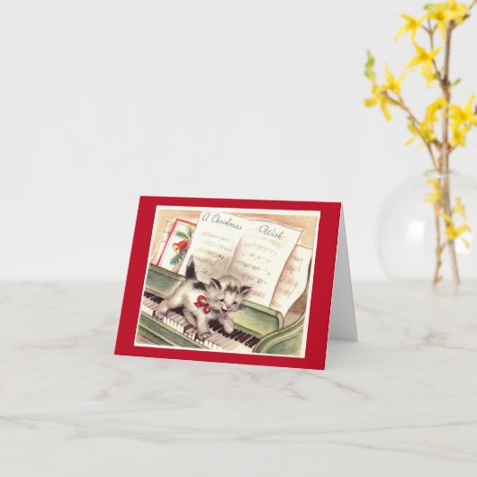 Vintage Kitten op Piano-kerstkaart Kaart (Gele Bloem)
