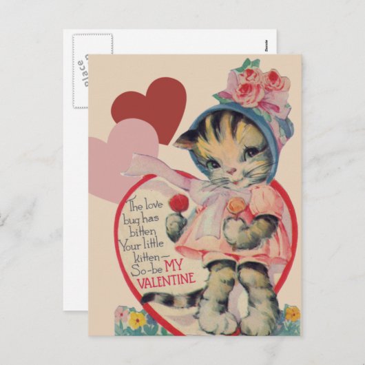 Vintage Kitten Valentijn Feestdagenkaart (Voorkant / Achterkant)