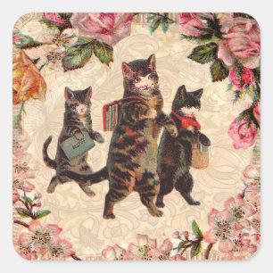Vintage Kittens gaan naar school Print: Victoriaan Vierkante Sticker