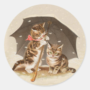 Vintage Kittens Onder Paraplu Antique Kat Kunst Ronde Sticker