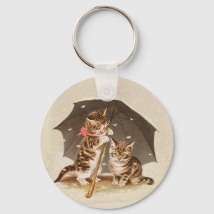 Vintage Kittens Onder Paraplu Antique Kat Kunst Sleutelhanger