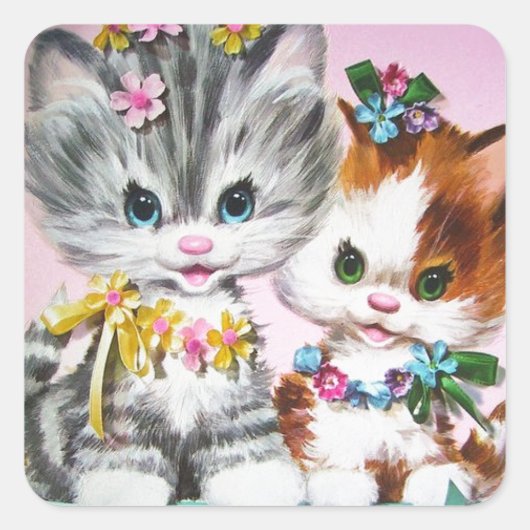 Vintage Kittens Vierkante Sticker (Voorkant)