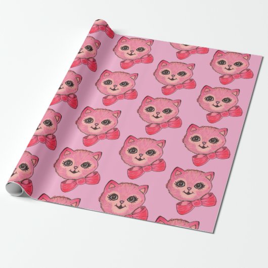Vintage Kitty Pink Wrapping Paper Cadeaupapier (Uitgerold)