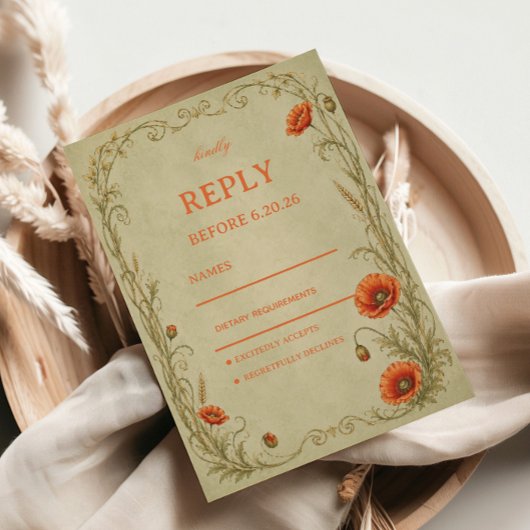 Vintage Klaproos Botanisch RSVP Kaartje